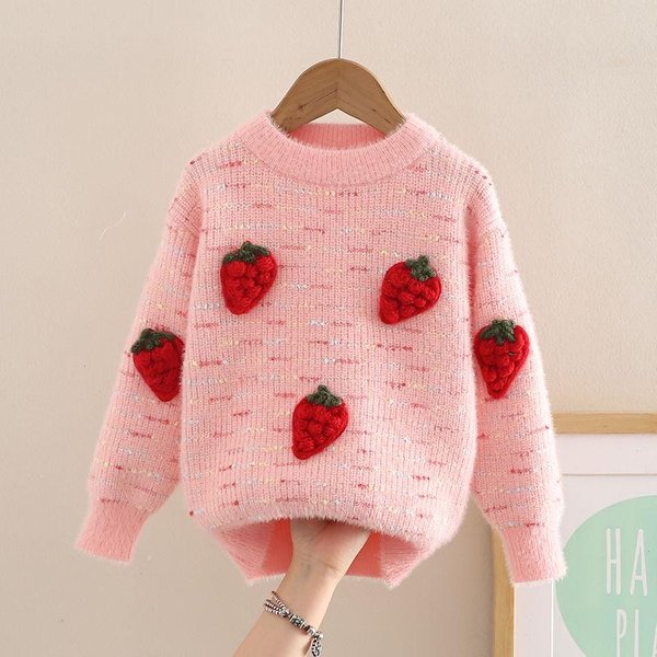 Lindo SuéTer PulóVer De Fresa Tridimensional Para NiñAs Como Base Top De Punto Infantil De Invierno 120 Color Rosa-image