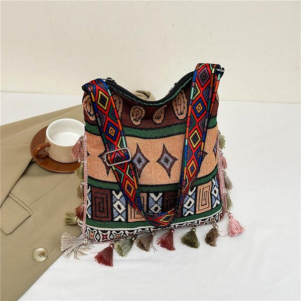 Bolso De Borlas Bohemio De Gran Capacidad Nuevo Estilo ÉTnico De Mano Para Llevar Bolso Tote Ins Bolso Bandolera De Un Hombro Black-image