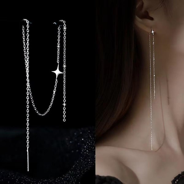 Pendientes De Clip De Lujo Multicapa Para Mujer GeoméTricos Brillantes Circonita Perla HéLice De Oreja Sin Perforar Cadena Larga Pendiente De Borla Black-image