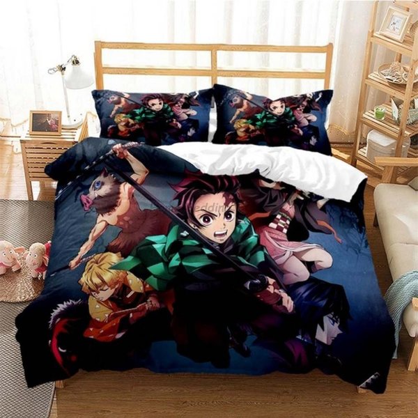 Juego De Ropa De Cama De Anime Demon Slayer, Ropa De Cama Japonesa De 200 X 220 Cm, Para Adolescentes Y NiñAs, Con Funda NóRdica Individual, TamañO Queen Y King. Cot Size 70X133Cm-image