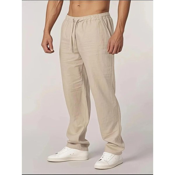 Pantalones De AlgodóN Y Lino Nuevos Para Hombre Pierna Recta Ligeros Transpirables Casual Estilo BáSico Cintura EláStica Pantalones Largos L-image