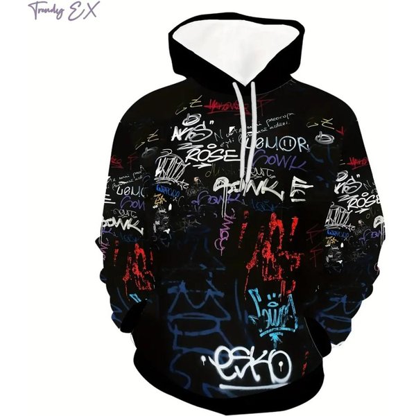 Sudaderas Para Hombre Moda Estampado Graffiti Casual Sudadera Con Capucha Oversize Comodidades Bolsillo Canguro Deporte Mangas Largas Sudadera Con Capucha L Black-image