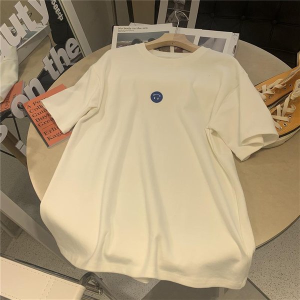 Camiseta De Manga Corta Para Verano Para Mujer Nuevo Estilo Coreano Bordada Con Cara Sonriente Holgada VersáTil Top Interior De Estudiante Para Mujer 2XL Blanco-image