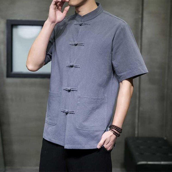 Camisa De Lino Estilo Chino Para Hombre Manga Corta Cuello MandaríN BotóN De Rana Top Casual L Gris-image