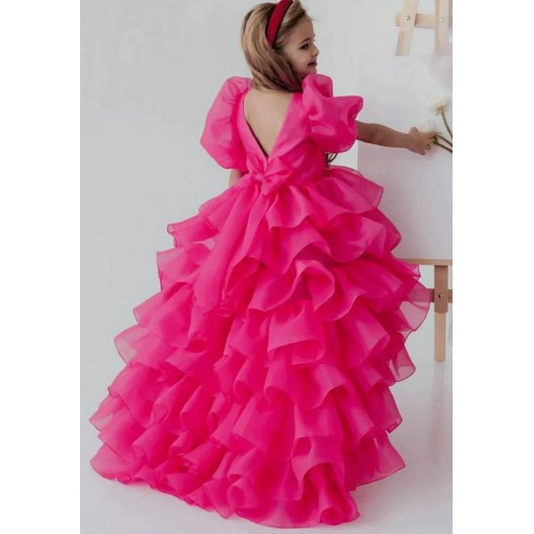 Vestido De Princesa Abullonado Con Tirantes Finos Para NiñA 2026 - Dulce Estilo Formal Corto Por Delante Largo Por DetráS 130 Cm Pink-image