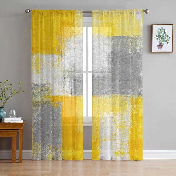 Pintura Al ÓLeo GeoméTrica Abstracta Amarillo Gris Cortinas Transparentes Para DecoracióN De Sala De Estar Cortina De Ventana Cocina Tul Voile Cortinas W135 X H115Cm X1&Rod Pocket-image