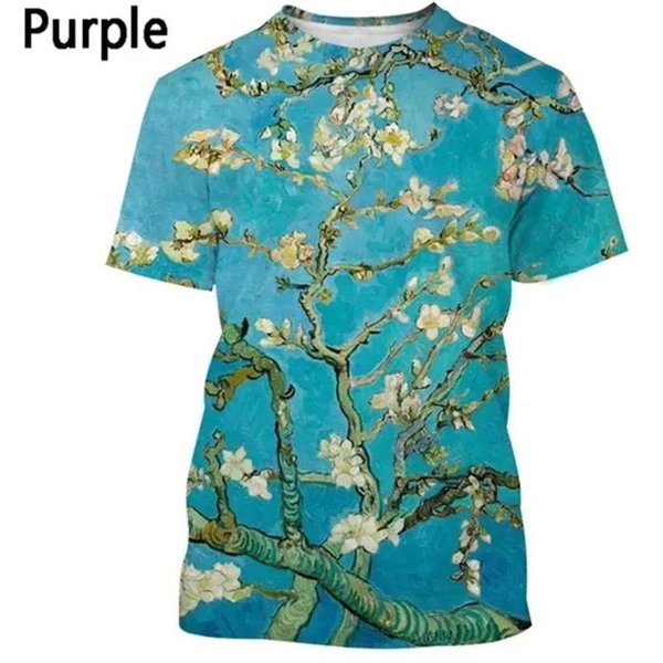 Camiseta GráFica De Pintura Al ÓLeo ArtíStica Para Hombre Noche Estrellada Camisetas Impresas En 3D Verano Casual Manga Corta Cuello Redondo Camisetas Holgadas Tops L Blue-image