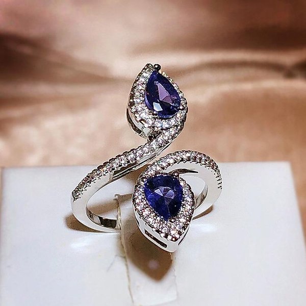 Nuevo Anillo De Zafiro CorazóN Azul JoyeríA Popular De Compromiso En Europa Y AméRica Opening Adjustable Gray-image