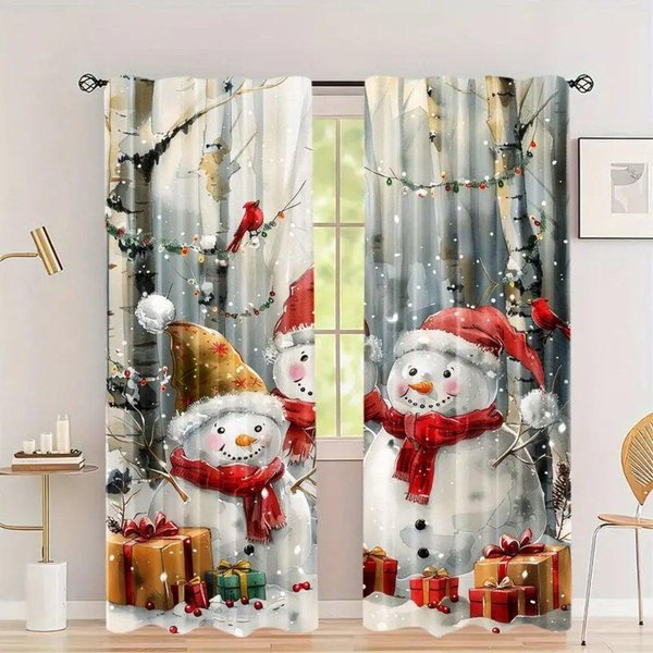 2 Piezas Cortina Con Estampado CláSico De MuñEco De Nieve Y ÁRbol De Navidad Tema Moderno Decorativa 2 Paneles Cortinas Finas Para Dormitorio Sala De Estar 50W160H(Cm)X2Panel&Grommet Top-image