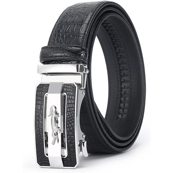 MęSki SkóRzany Pasek Z Automatyczną Klamrą We WzóR Krokodyla. Niebieski Pasek Biznesowy Na Co Dzień 125Cm Black-image