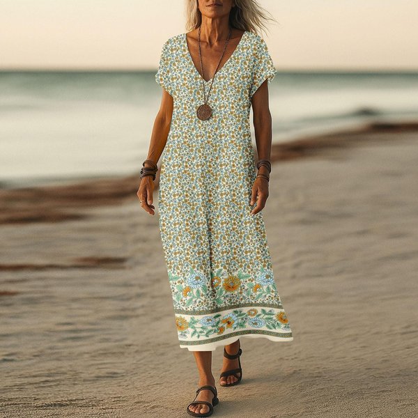 Vestido De Verano Para Mujer Vestido Largo Boho De Playa Elegante Vestido Maxi Cuello En V Manga Corta Vestido TúNica De Verano Ligero Aireado XL Verde Claro-image