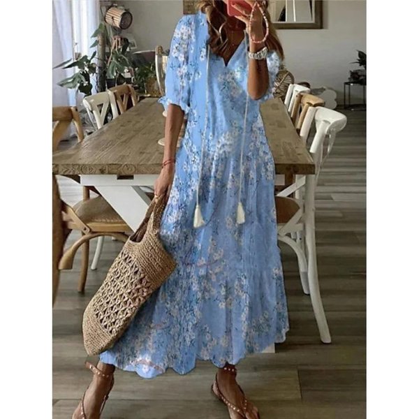 Vezfaa Vestidos Casuales De Moda Para Mujer Verano Primavera Estampado GeoméTrico Mangas 1/2 Cuello En V Cintura Media S Gray-image