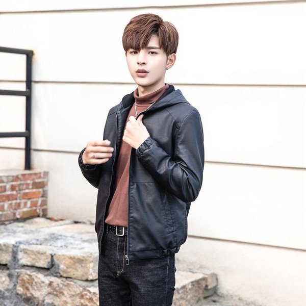 Chaqueta De Cuero Para Hombre Chaqueta De Cuero SintéTico Para Hombre Chaqueta Informal De Estilo Coreano Ajustada Con Capucha Para Motocicleta 5XL Negro-image