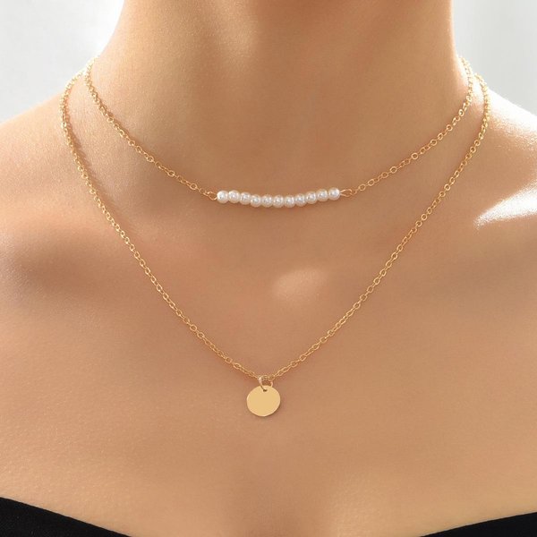 Nueva Tendencia De Moda Collar De AleacióN Cadena Para SuéTer, Collar Fino De Disco De Perlas Cadena De ClavíCula De Doble Capa Mujeres 2 Oro-image