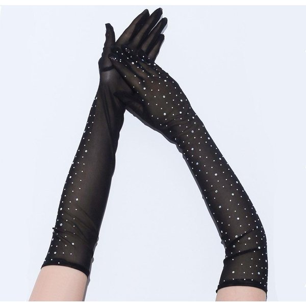Guantes Largos Finos De Malla EláStica Sexy Con PedreríA Para Mujer Diamante Dedo Completo Cosplay ActuacióN EscéNica Ropa Fiesta Musical Club One Size Black-image