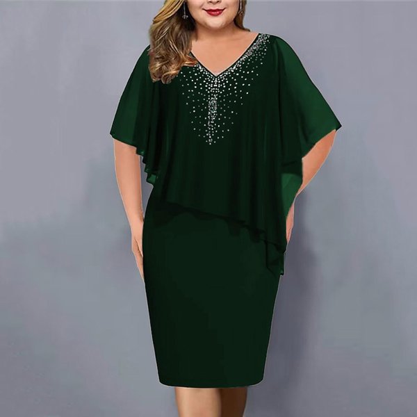 Damska Sukienka Plus Size Z KróTkim RęKawem, Dekoltem V, Szyfonowa, Z Cyrkoniami, Midi 4XL Zielony-image