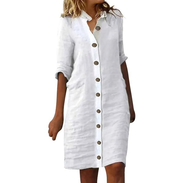 Letnia BawełNiana Lniana Sukienka Koszulowa Damska Guziki PółRęKaw Swobodne Mini Sukienki Damskie Eleganckie LuźNe PlażOwe Sukienki Imprezowe Vestidos L BeżOwy-image