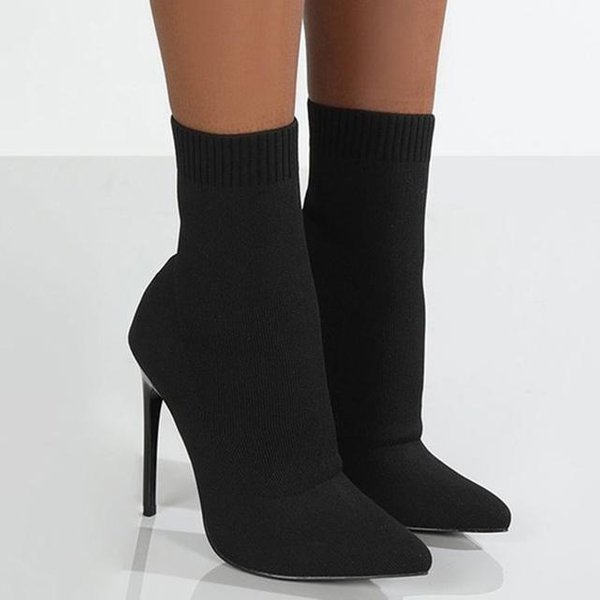 Damskie Buty KróTkie Wysokie Obcasy Buty Dla Kobiet Jesień Zima Botas Mujer Dzianinowe Botki Czarne Skarpetki Damskie Obcasy Buty Damskie 38 Czarny-image