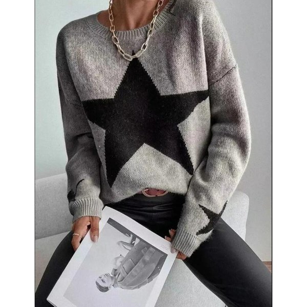 SuéTer De Punto Para Mujer, Jersey Informal Holgado Con Cuello Redondo Y Estrella Gruesa, Jersey Para Mujer, SuéTer Elegante A La Moda Para Invierno Y OtoñO M Gris-image