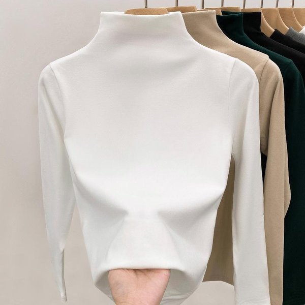 Camiseta BáSica De Cuello Alto Para Mujer Para OtoñO E Invierno Nueva Sencilla Color SóLido Ajustada Interior Manga Larga Cuello Alto PequeñO XL Blanco-image
