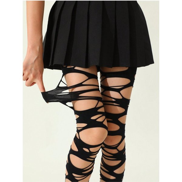 1 Par De Medias Negras Para Mujer Con Recortes, Con Cordones, EláSticas, De Moda Atrevida, Para Primavera Verano, Fiesta, Club, Uso Diario M Black-image