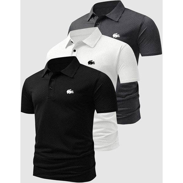 MęSki 3-Pak Koszulek Polo Z Dzianiny Waflowej Z Nadrukiem GóRskim, Casualowe Topy Z KróTkim RęKawem, MięKkie, Elastyczne, Do Codziennego Noszenia XL Black-image