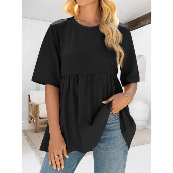 Damska LuźNa Bluzka Babydoll, Oversize, Z KróTkim RęKawem, Z OkrąGłYm Dekoltem, Peplum S-image
