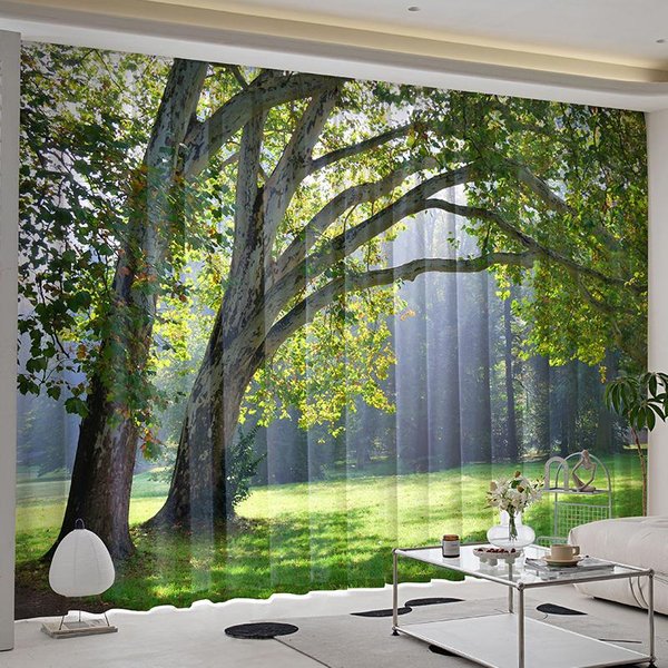 Cortinas Con DiseñO De Paisaje Natural, Bosque, CéSped, áRbol, Para Sala De Estar, Dormitorio, BañO, Cocina, Puerta, DecoracióN Del Hogar, 2 Unidades W50X160H(Cm)X2Pcs&Grommet Top-image