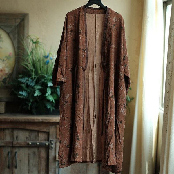 Johnature Verano Mujer Vintage Retro Suelto Frenillo Abrigo Suelto Estilo Chino AlgodóN Cuello Pico Estampado Manga Larga Abrigo One Size MarróN Oscuro-image