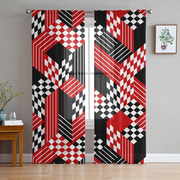 Cortinas Voile Transparentes GeoméTricas Abstractas Rojas Negras Edad Media Para Ventana De Sala De Estar Cortina De Tul Cortinas Para Cocina Dormitorio DecoracióN Del Hogar 135W X 114H(Cm) White-image
