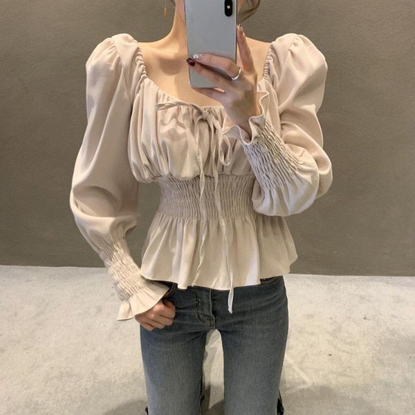 Blusa De Gasa Con Cuello Cuadrado Y Mangas Abullonadas Para Mujer, DiseñO Plisado, Borde Con Volantes, Ajustada, De Manga Larga, Informal, Para Oficina M Albaricoque-image