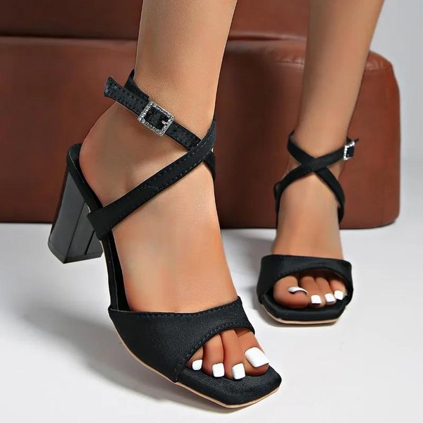 Zapatos Femeninos Correa De Hebilla En El Tobillo Sandalias De Mujer Moda Sandalias De Vestir Mujer Punta Cuadrada Talla Grande Zapatos De TacóN Grueso Mujer 42 Negro-image