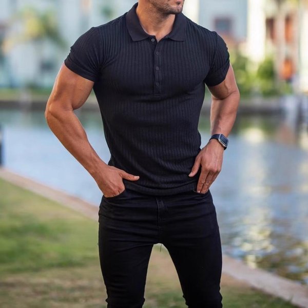 MęSka Letnia Sportowa Fitnessowa Codzienna Pionowa Koszulka Polo Z KróTkim RęKawem MężCzyźNi L Czarny-image