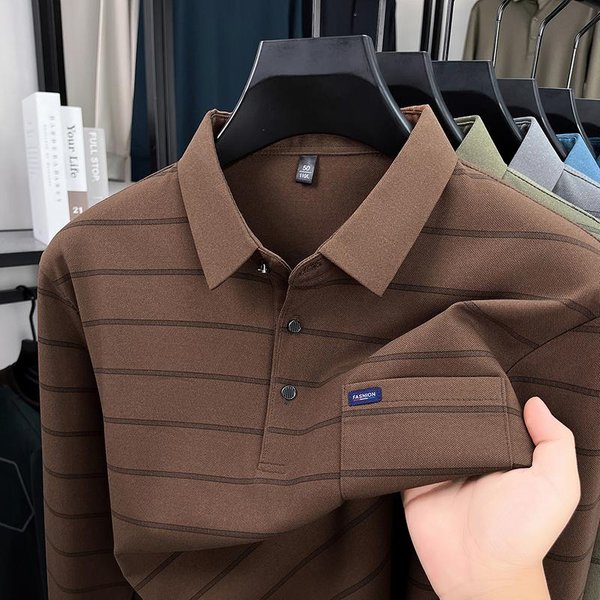 2025 Camiseta Polo De Manga Larga Para Hombre Primavera Y OtoñO Con Cuello Rayado Y Bolsillos Sueltos 4XL Black-image