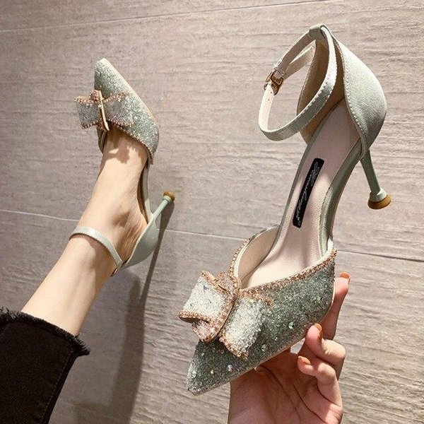 Rimocy Moda Lazo Correa Tobillo Tacones Finos Zapatos De SalóN Mujer Lujo PedreríA Boda Fiesta Zapatos De Vestir Mujer Zapatos Punta Afilada Dama 35 Verde-image