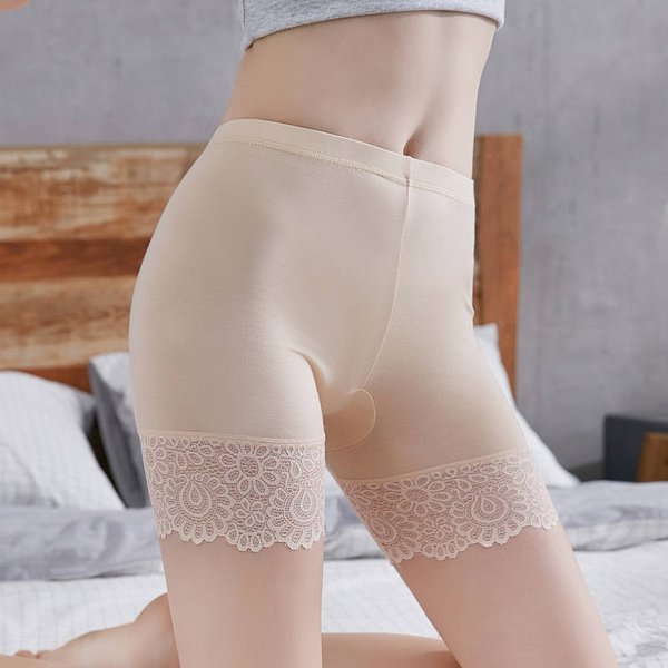 Spodnie Ochronne AntypośLizgowe Letnie Koronkowe Plus-Size Trzypunktowe Legginsy Cienkie Spodnie Ochronne Dla Kobiet XL BeżOwy-image