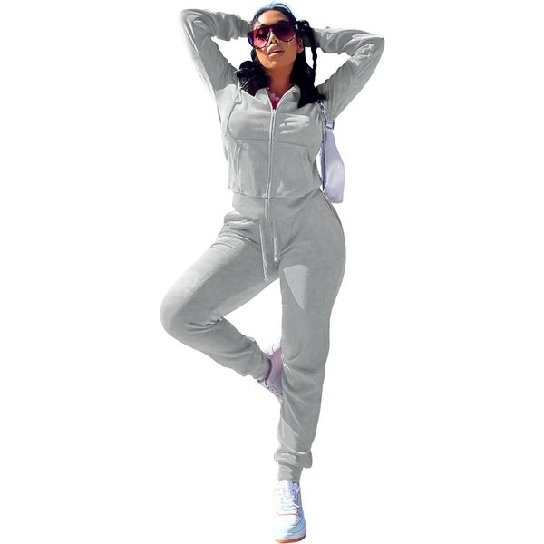 Conjunto De Terciopelo De Moda Para Mujer Sudadera Con Capucha De Manga Larga Y PantalóN Jogger Conjuntos Activos De Dos 2 Piezas Conjuntos CháNdal L Gray-image
