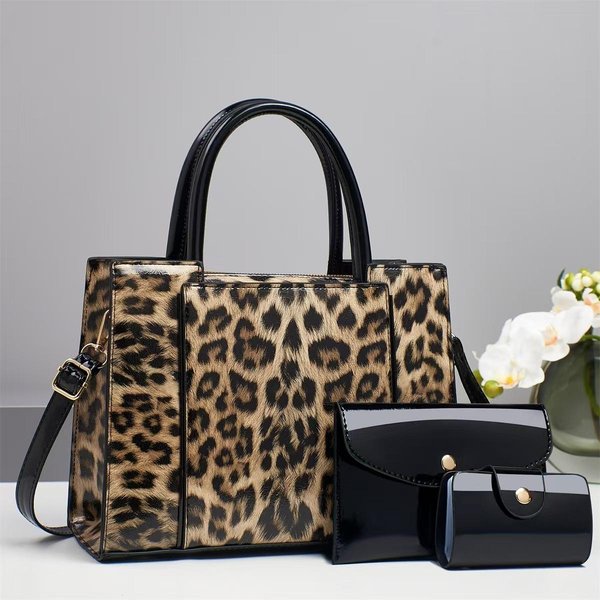 Nuevo Nivel Superior De Apariencia Estampado De Leopardo Empalme Bolso Maternal Tres MúLtiples Conjuntos De Estilo Bolso De Hombro Grande Capacidad Bolso Cruzado . Black-image