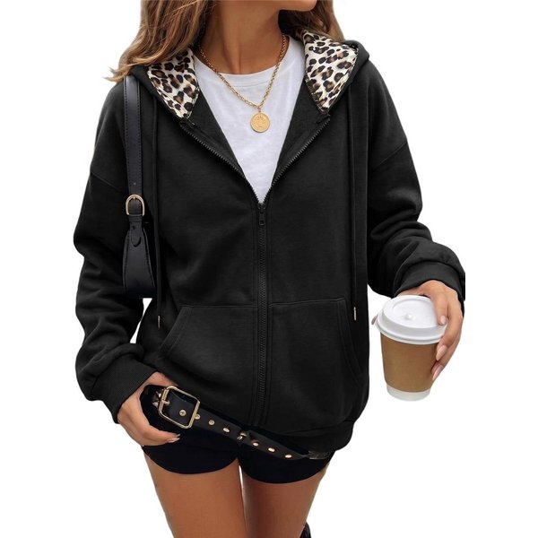 Sudadera Con Capucha Para Mujer, Cierre De Cremallera, Forro Con Estampado De Leopardo, Capucha, Manga Larga Extragrande, Chaqueta Sudadera Casual XL Negro-image