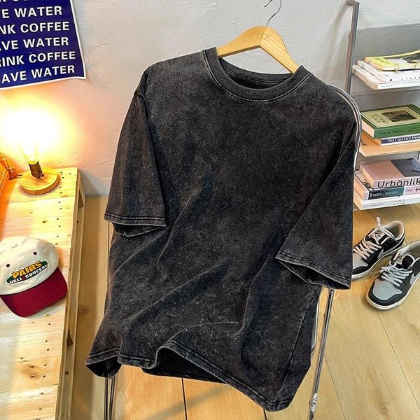 Camisetas De AlgodóN Lavadas Para Hombre, Camisetas Vintage Lisas, Camisetas Casuales Harajuku Retro De Manga Corta, Camisetas BáSicas Holgadas Con Cuello Redondo XL Black-image