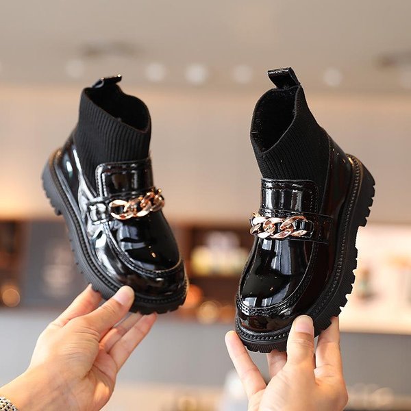 Nowe SkóRzane Buty DziewczęCe Modne Szwy Ze Strasami Buty KsiężNiczki DziecięCe SkóRzane Buty Z MięKką Podeszwą 27 Czarny-image