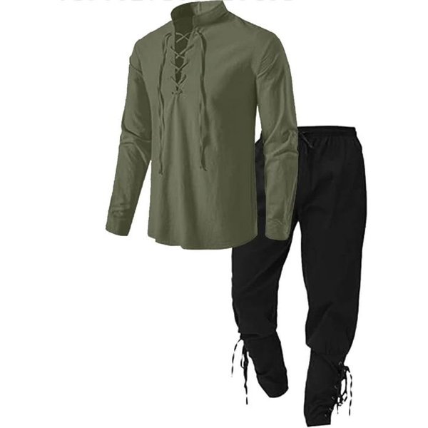 2 Piezas Retro Vintage Medieval Renacentista Cosplay Disfraz Atuendos Pirata Vikingo Halloween Casual Diario Larp Ren Faire Camisa Pantalones M Black-image
