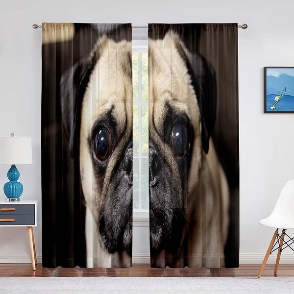 Lindo Cachorro Pug Perro Gemelos Tul Cortinas Para Sala De Estar Dormitorio Hogar Cocina Animales Ventana Cortinas De Gasa Transparente 1 PCS W100Xh250Cm&Grommet Top-image
