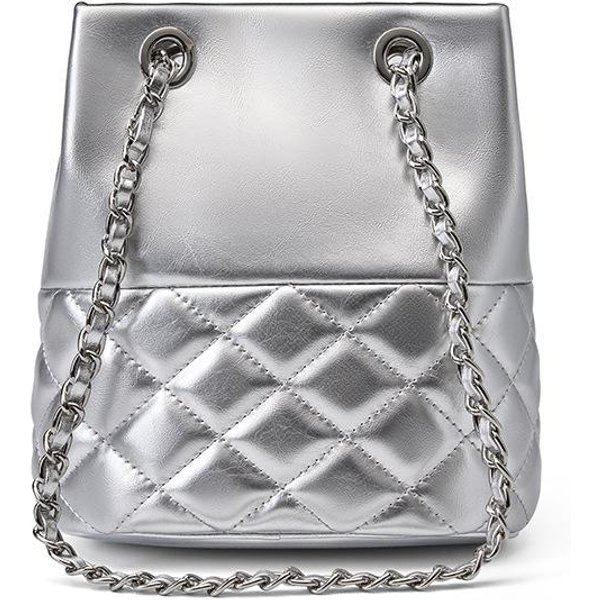 Bolso Cubo PequeñO CláSico De Cuero Plateado Estilo Fragante Cadena Rombo Con Sentido Avanzado De Nicho Hombro ÚNico Cruzado Plata-image