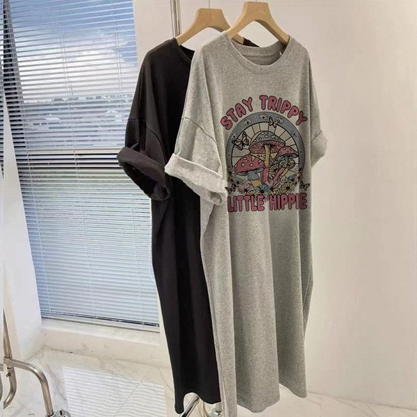Letni LuźNy KoreańSki BawełNiany T-Shirt Z KróTkim RęKawem Damski Plus Size DłUga Codzienna SpóDnica Retro Top L Black-image