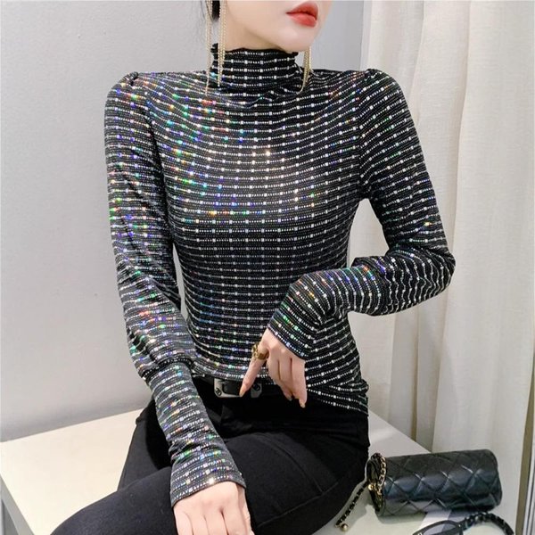Nuevo Invierno Industria Pesada Lentejuelas VersáTil Manga Larga Camiseta Base Top Para Mujer Delgado Jersey Camiseta XL Gray-image