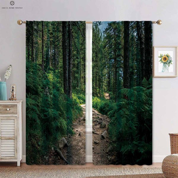 Zielony Las Jesienne Lasy 3D Druk ZasłOny Tyndall Efekt Sypialnia Salon Kuchnia Dekoracyjne ZasłOny 2 Sztuki W50Xh130(Cm)X2Pcs&Grommet Top-image