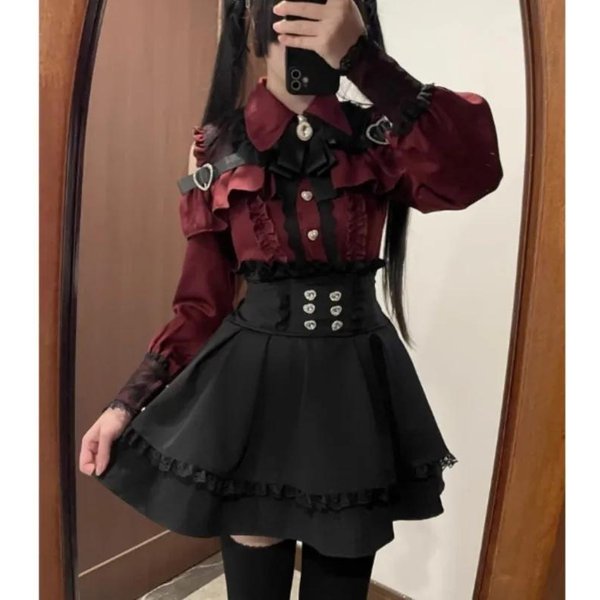 Jirai Kei StróJ Lolita DziewczęCa Bluzka Kobiety Koszula Z DłUgim RęKawem Kawii Kokarda Czarne SpóDnice Koszule Y2K SłOdki JapońSki Styl Damy Zestaw XL Czerwony-image