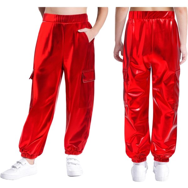 Pantalones De Danza MetáLicos Unisex Para NiñOs Cintura EláStica Pantalones Brillantes Con Bolsillos Ropa De ActuacióN Hip Hop Jazz 9-10 Years Red-image