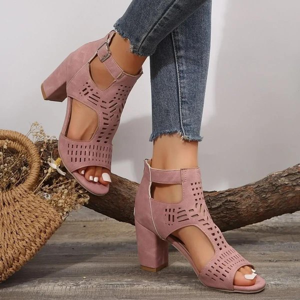Zapatos De Mujer Moda TacóN Cubierto Sandalias De Mujer Nuevas Hebilla De CinturóN Oficina Y Carrera Verano Talla Grande Puntera Descubierta Sandalias De TacóN 42 Color Rosa-image